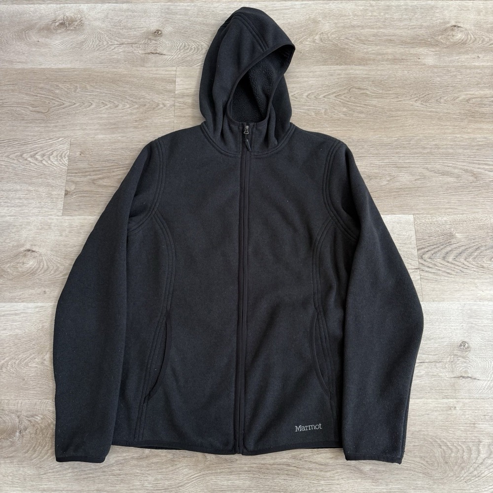 Marmot Womens Black Full Zip Hooded Sweater Fleece Jacket Outdoor Hiking Size L